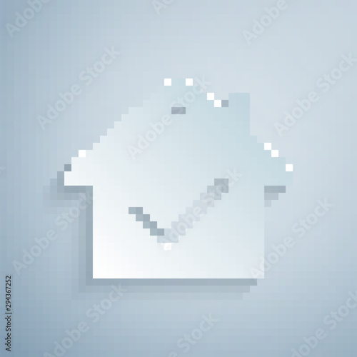 Paper cut House with check mark icon isolated on grey background. Real estate agency or cottage town elite class. Paper art style. Vector Illustration