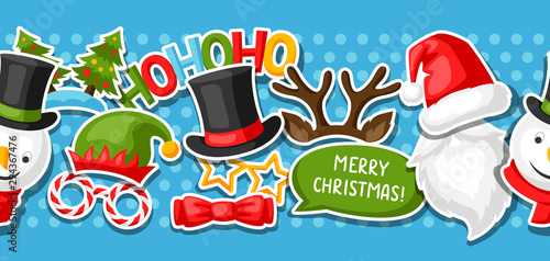 Merry Christmas seamless pattern with photo booth stickers.