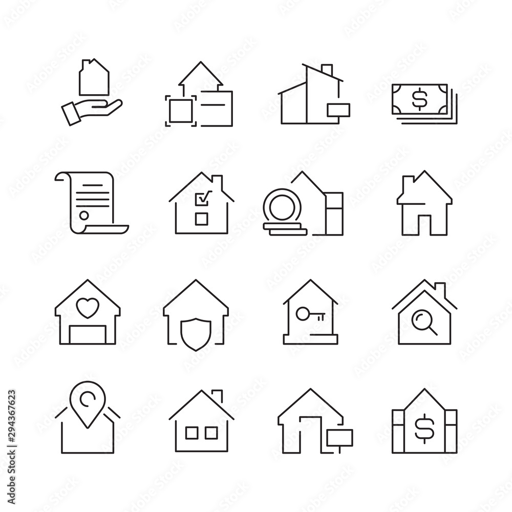 Fototapeta premium Real estate icons. Business marketing sale houses money ownership vector real estate pictures collection. Business real estate, sell and buy building illustration