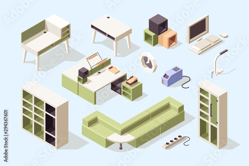 Office furniture. Isometric chairs tables desks couches cabinet tools for business vector elegance furniture collection. Business furniture office, bookshelf and table, desk for interior illustration