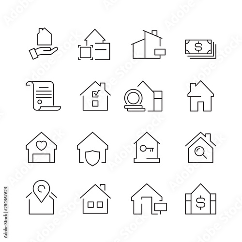 Real estate icons. Business marketing sale houses money ownership vector real estate pictures collection. Business real estate, sell and buy building illustration