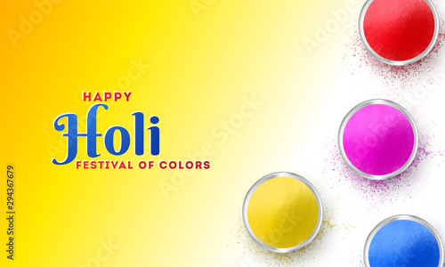 Festival of colors Holi celebration poster or banner design  top view of color bowls on glossy yellow background.