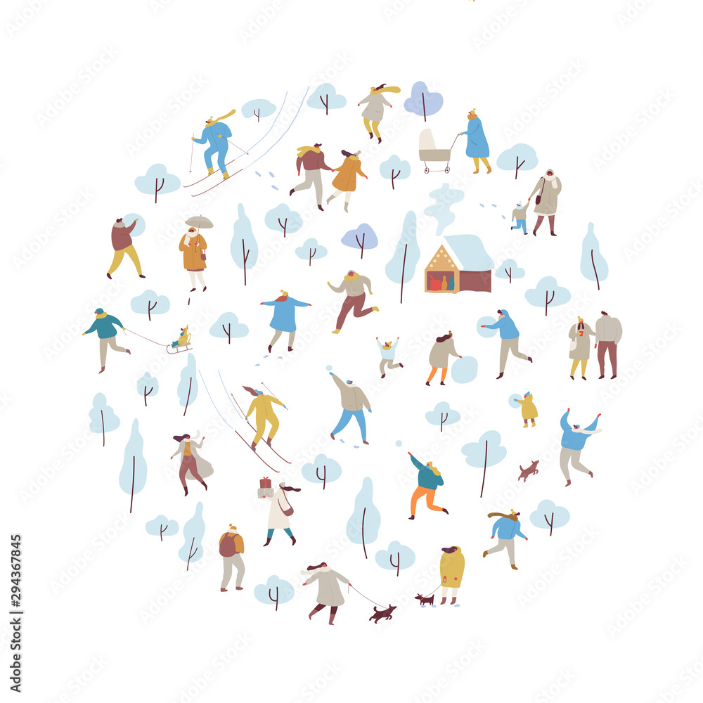 Winter city with people.  Winter outdoor activities - skating, skiing, throwing snowballs, building snowman. Crowd of happy people in warm clothes flat vector illustration.