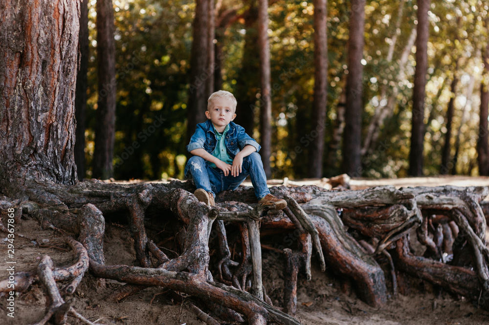 Cute baby boy sitting in summer park. Outdoor portrait.