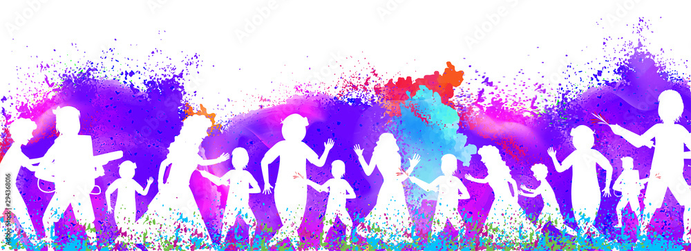 Happy Holi header or banner design with illustration of kids celebrating  holi festival together on colorful splash background. Stock Vector | Adobe  Stock