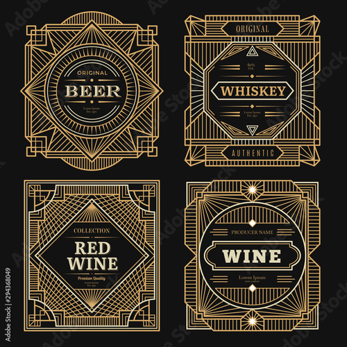 Art deco labels. Vintage alcohol labels framed brands rum tequila drinks golden borders swirl vector template. Wine alcohol badge, label logo for bottle illustration