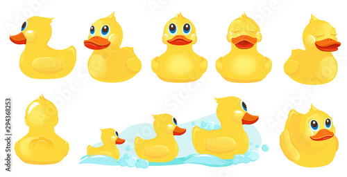Yellow bath duck. Rubber water toys for kids shower room games with duck vector cute characters. Yellow bath duck, water animal toy illustration
