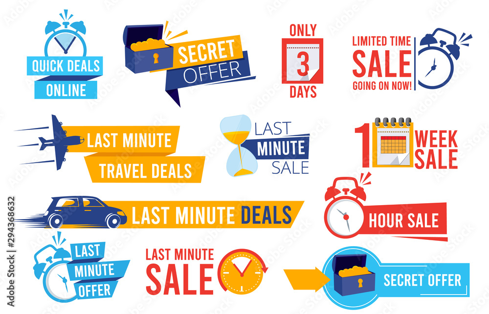 Vecteur Stock Discount badges. Advertizing promo offers last chance sales  alarm and clocks best deals signs vector collection. Illustration label  price, promotion discount, promo business sale | Adobe Stock