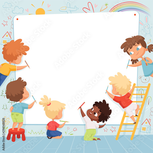 Kids frame. Cute characters childrens painting drawing and playing empty place for text vector template. Kids drawing on white banner, characters preschool painter illustration
