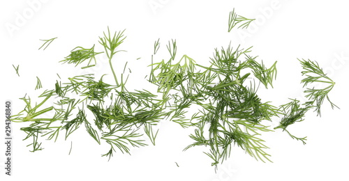 Fresh chopped, cut green dill isolated on white background, top view