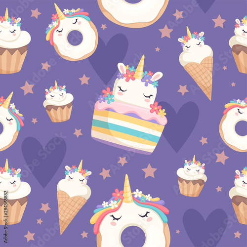 Unicorn pattern. Dessert decoration magic pony with cupcakes donut sweets vector celebration seamless background. Illustration unicorn pony sweets, waffle cone wrapping