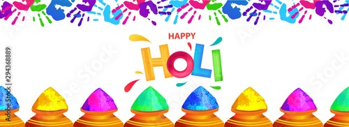 Happy Holi header or banner design decorated with colors pot and colorful handprints on white background.