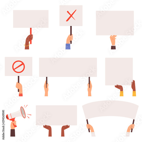 Protesters banners. Hands holding blank pannels. Activity manifestation crowd conflict vector protesters. Demonstrator protesting, agitation freedom illustration