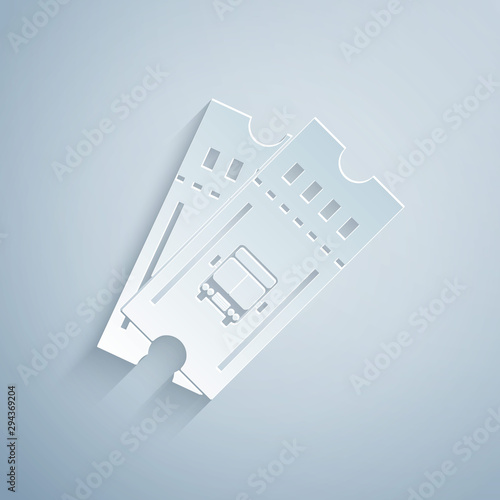 Paper cut Bus ticket icon isolated on grey background. Public transport ticket. Paper art style. Vector Illustration