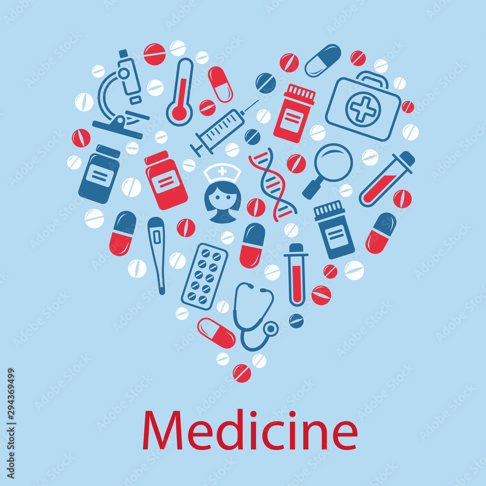 Heart shape with medical color icons and with the inscription Medicine. Vector illustration in flat style isolated over blue background Heart shape with medical color icons and with the inscription Medicine. Vector illustration in flat style isolated over blue background