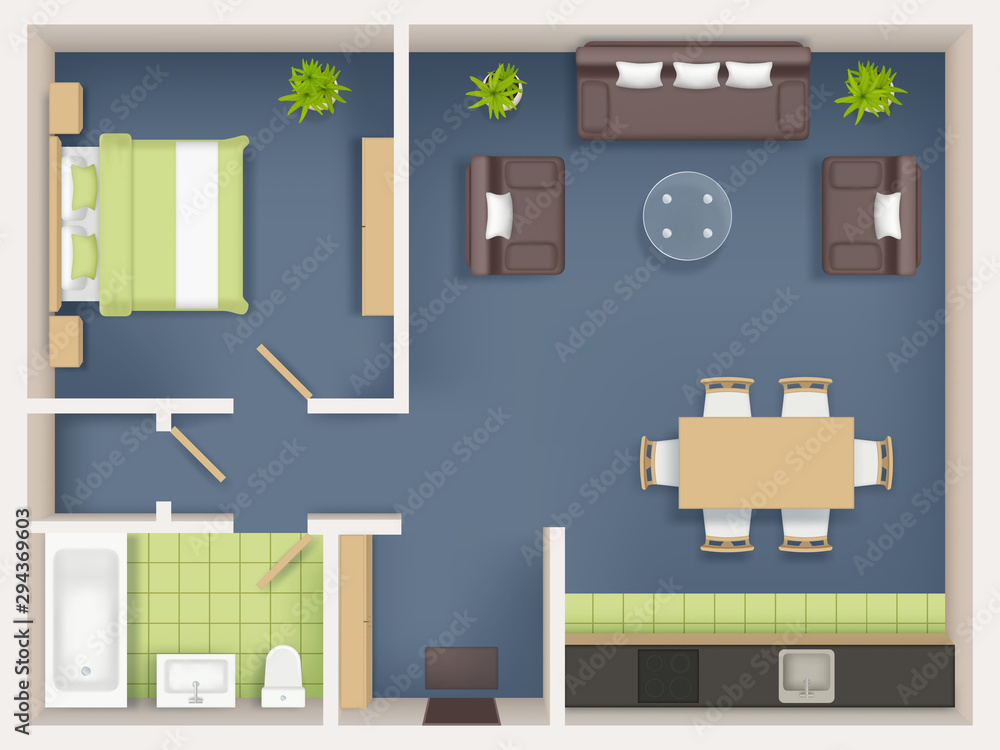 Interior plan top view. Realistic appartment livingroom bathroom
