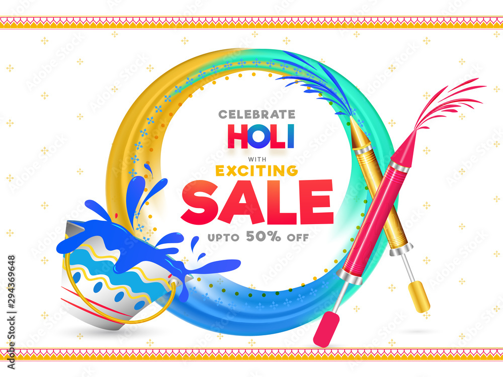 Advertising sale poster or banner design with water guns and color bucket for holi festival.
