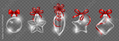 Glass Christmas toys with red ribbon bow. Realistic glass ball vector collection. New Year decorations. Hanging shine souvenir christmas, xmas toy ball illustration