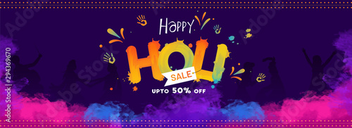 Creative text happy holi on blue background with 50% discount offer for festival sale header or banner design.