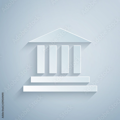 Paper cut Museum building icon isolated on grey background. Paper art style. Vector Illustration
