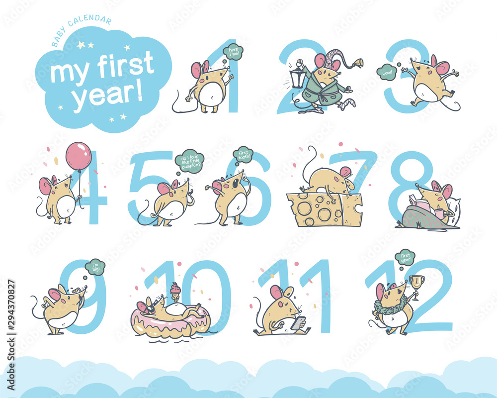 Vector collection of hand drawn cute little baby mouse characters isolated with month numbers. For baby monthly calendar, cards, nursery prints, decor etc.