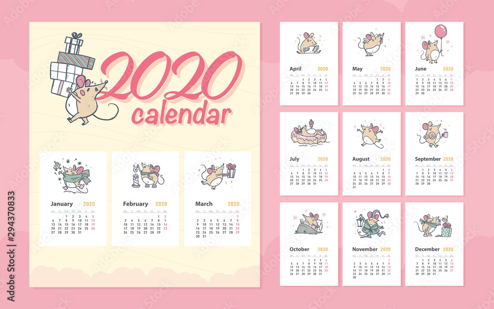 Vector 2020 new year creative monthly calendar for kids with cute funny mice animals characters hand drawn illustrations design template. Pastel colours cards. Desktop, print. Vector 2020 new year creative monthly calendar for kids with cute funny mice animals characters hand drawn illustrations design template. Pastel colours cards. Desktop, print.