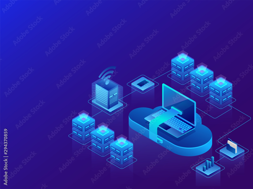 Data management concept based isometric design, 3d illustration of web servers with cloud server connected to laptop on shiny blue background.