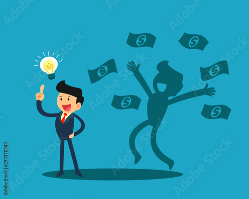businessman with idea light bulb and his happy shadow get a lot of money. business idea concept.