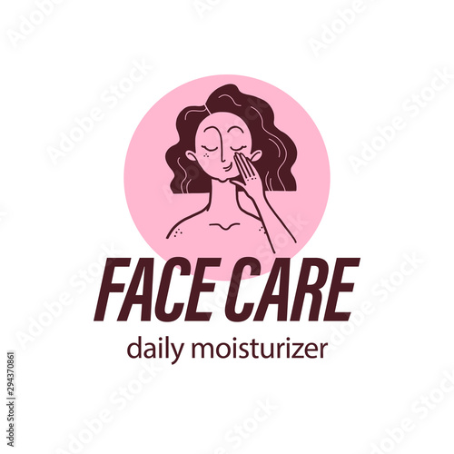 Vector skin care logo design concept with lady portrait & human hand illustration icon in hand drawn style isolated on light background. Face cream emblem, moisturizer packaging badge beauty body care