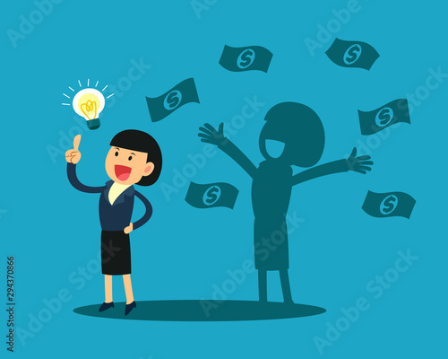 businesswoman with idea light bulb and his happy shadow get a lot of money. business idea concept.
