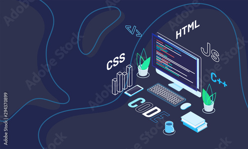 Workspace of web developer with text code on abstract blue background. Isometric design for software development. photo