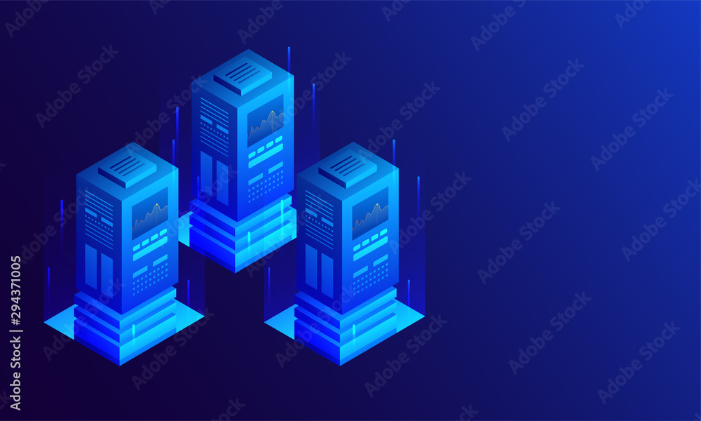 3D illustration of three big data server with digital rays on glossy blue background, isometric design for data center. 3D illustration of three big data server with digital rays on glossy blue background, isometric design for data center.