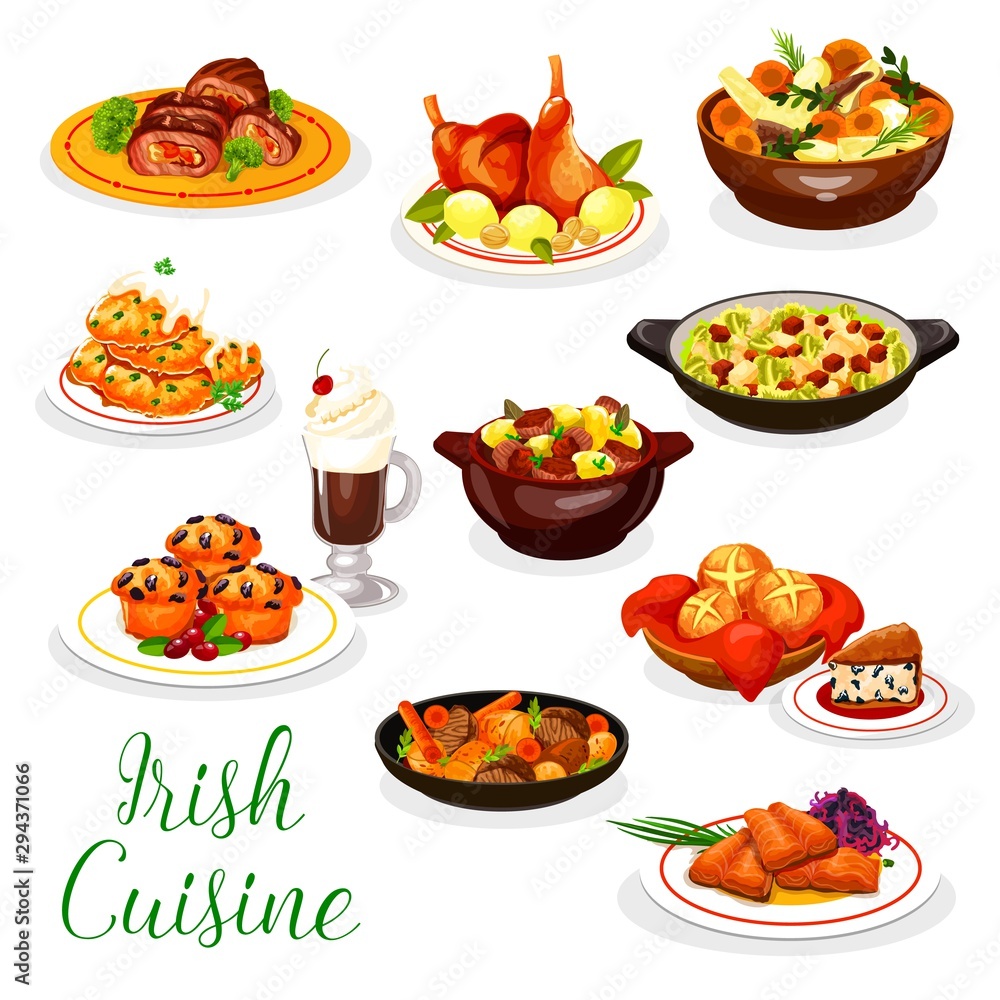 Irish cuisine fish and meat food, coffee, cupcake Irish cuisine fish and meat food, coffee, cupcake
