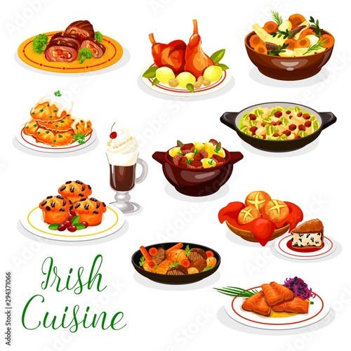Irish cuisine fish and meat food, coffee, cupcake