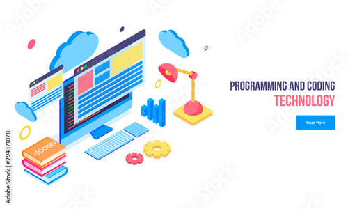 Isometric illustration of desktop with splash screen, books and business equipments, responsive web banner design for Programming and Coding Technology concept.