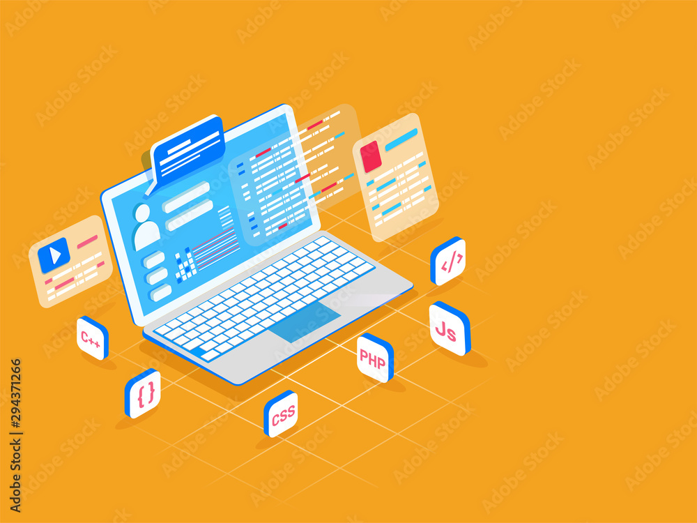 Welcome In Code Programming concept based isometric design, laptop with user login ...