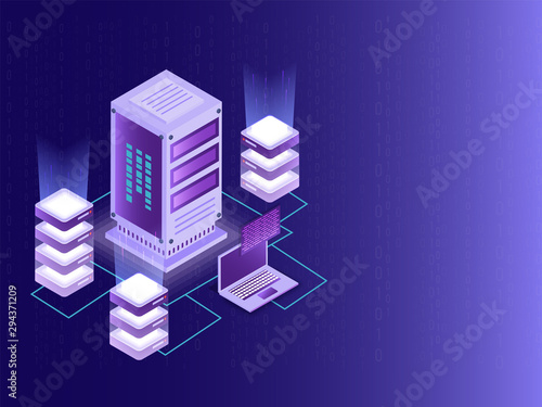 Isometric design for Data Center, big data server and local servers connected with laptop on matrix coding background.