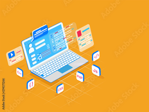 Programming concept based isometric design, laptop with user login screen and different coding language signs on orange background. © Abdul Qaiyoom