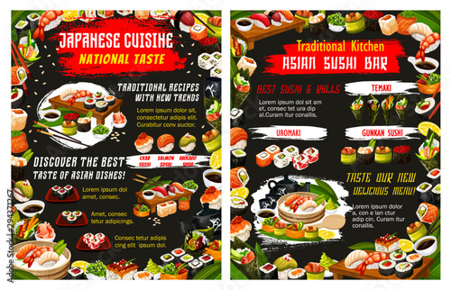 Japanese sushi rolls, fish nigiri, seafood temaki