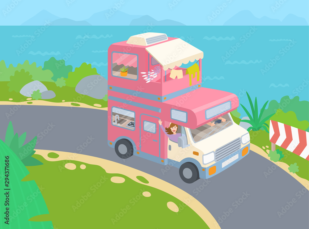 Van life road trip. Girl waving from the van. Minivan on the serpentine  road with sea. Vector illustration in flat style. Comfortable transport.  Camping concept, road trip, van life movement. Travel Stock