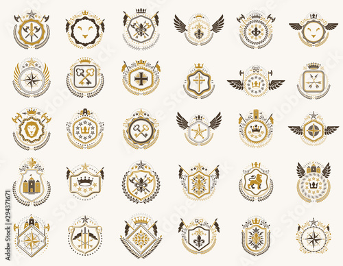 Vintage heraldic emblems vector big set, antique heraldry symbolic badges and awards collection, classic style design elements, family emblems.