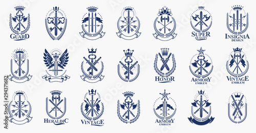 Weapon logos big vector set, vintage heraldic military emblems collection, classic style heraldry design elements, ancient knives spears and axes symbols.