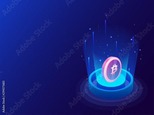 3D illustration of bitcoin between emerging digital rays on glossy blue background for crypto mining concept based isometric design.