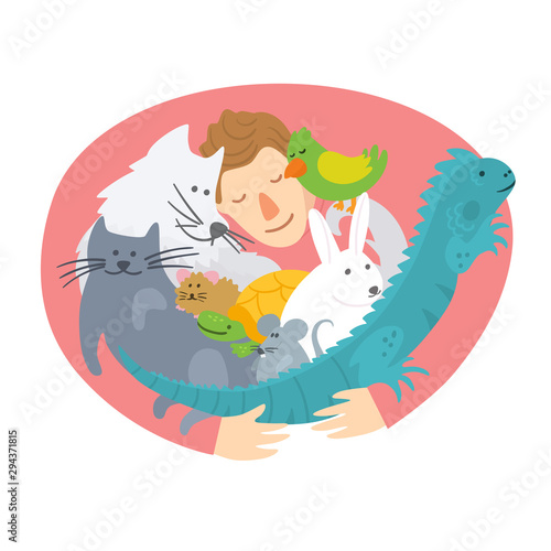 Pet insurance logo. Man hugging domestic animals. Pet care, veterinary banner, background, poster, concept for web, mobile apps, design. Insurance symbol. Vet clinic flat pets vector icon. - Vector
