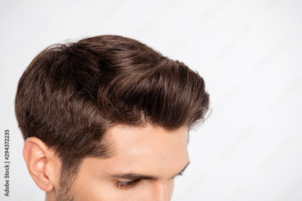 Profile side close-up photo of dream cool man have haircut hairdo after salon therapy isolated over grey background Profile side close-up photo of dream cool man have haircut hairdo after salon therapy isolated over grey background