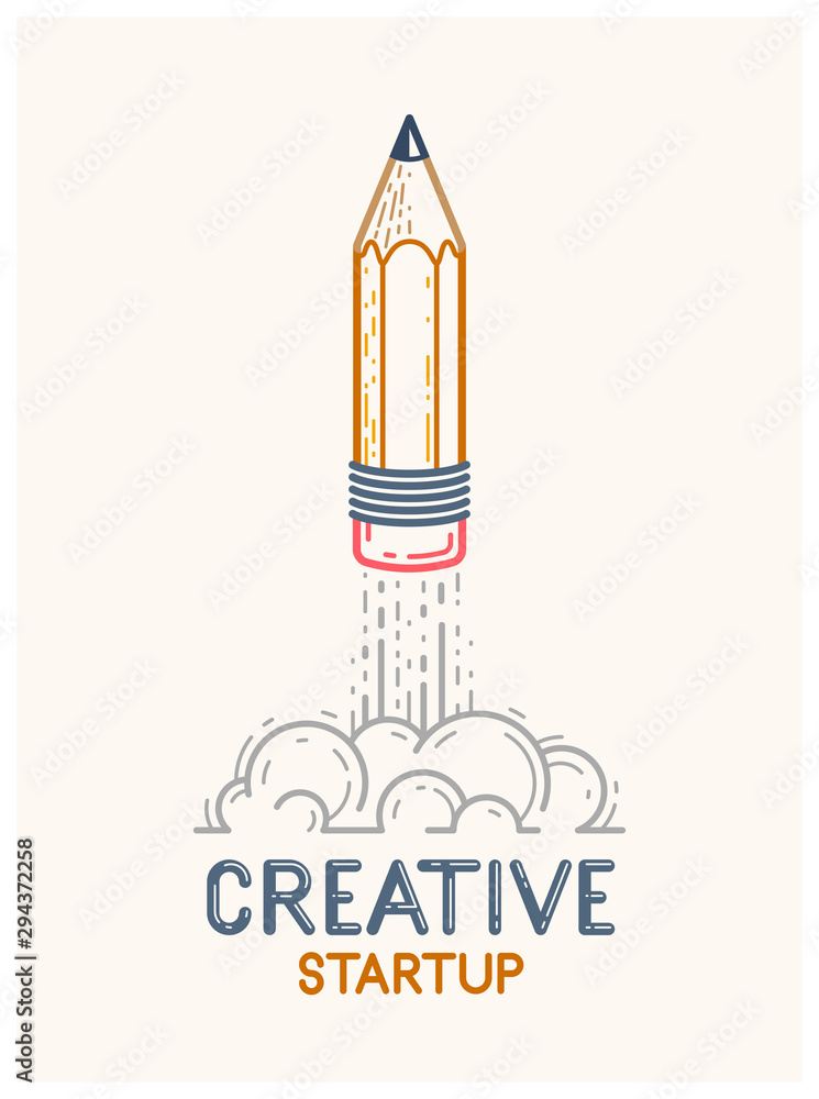 Pencil launching like a rocket start up, creative energy genius artist or designer, vector design and creativity logo or icon, art startup. Pencil launching like a rocket start up, creative energy genius artist or designer, vector design and creativity logo or icon, art startup.