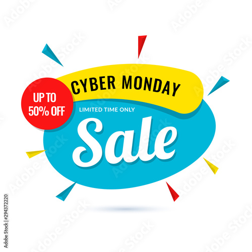 Cyber Monday Sale poster upto 50% offer on white background.