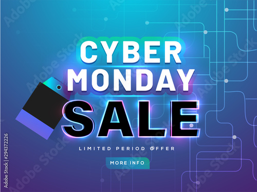 Cyber Monday Sale for Limited period offer on shiny blue background for advertising banner or poster design.