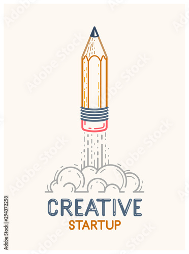 Pencil launching like a rocket start up, creative energy genius artist or designer, vector design and creativity logo or icon, art startup.