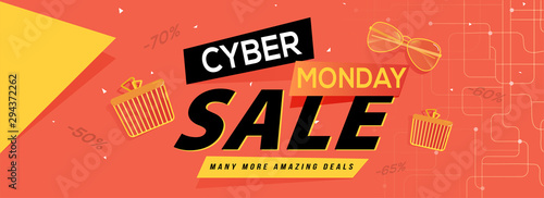 Cyber Monday Sale banner or header design with exclusive discount offer and shopping elements.